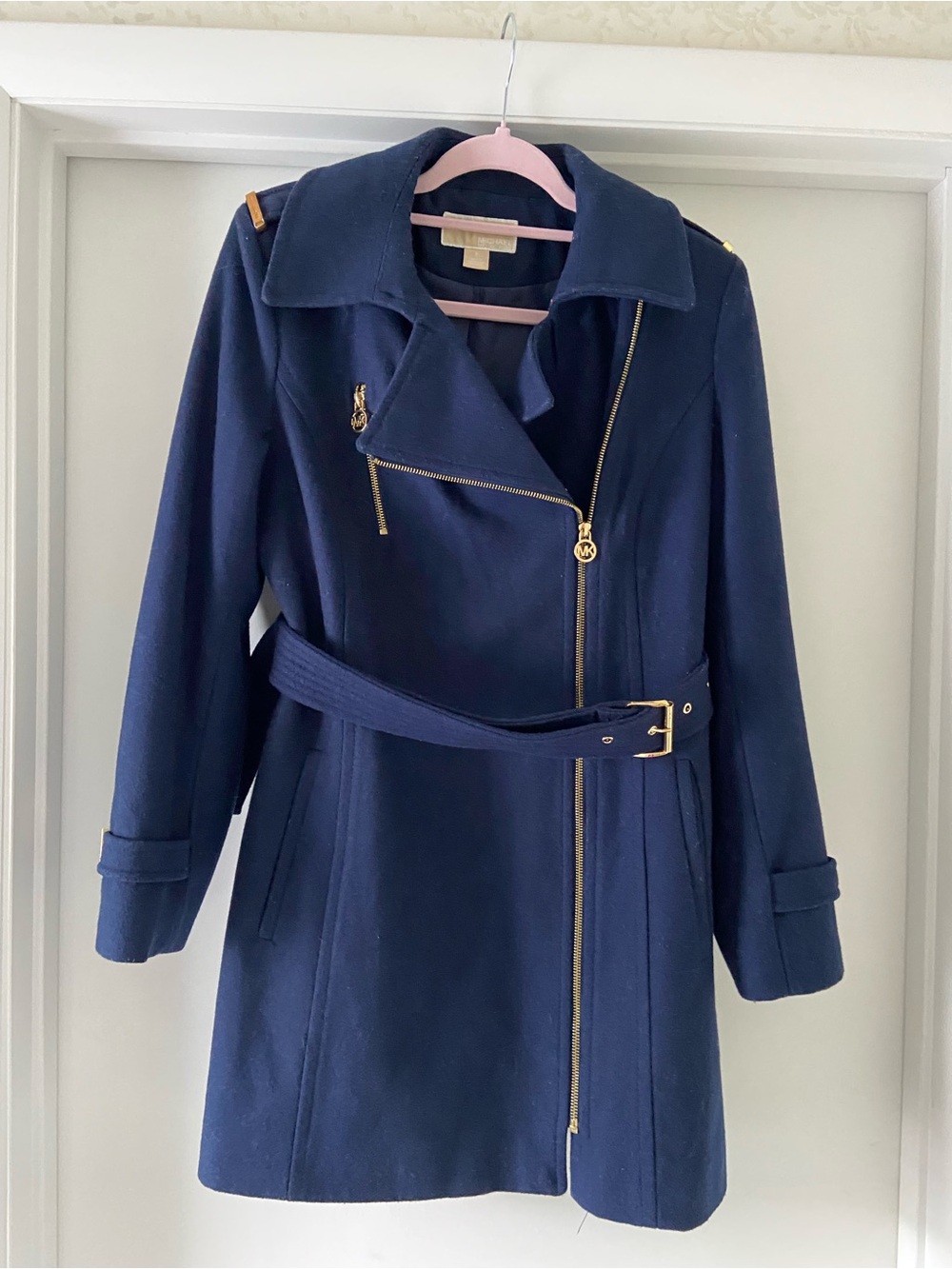 Michael Kors Navy Belted Trench Coat with Gold Hardware